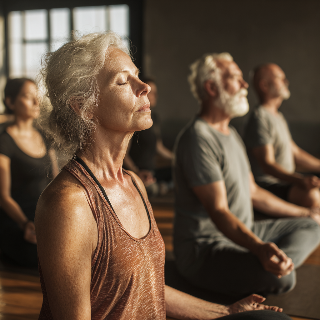 Group of older adults in a serene yoga studio practicing mindful breathing and gentle stretching exercises
