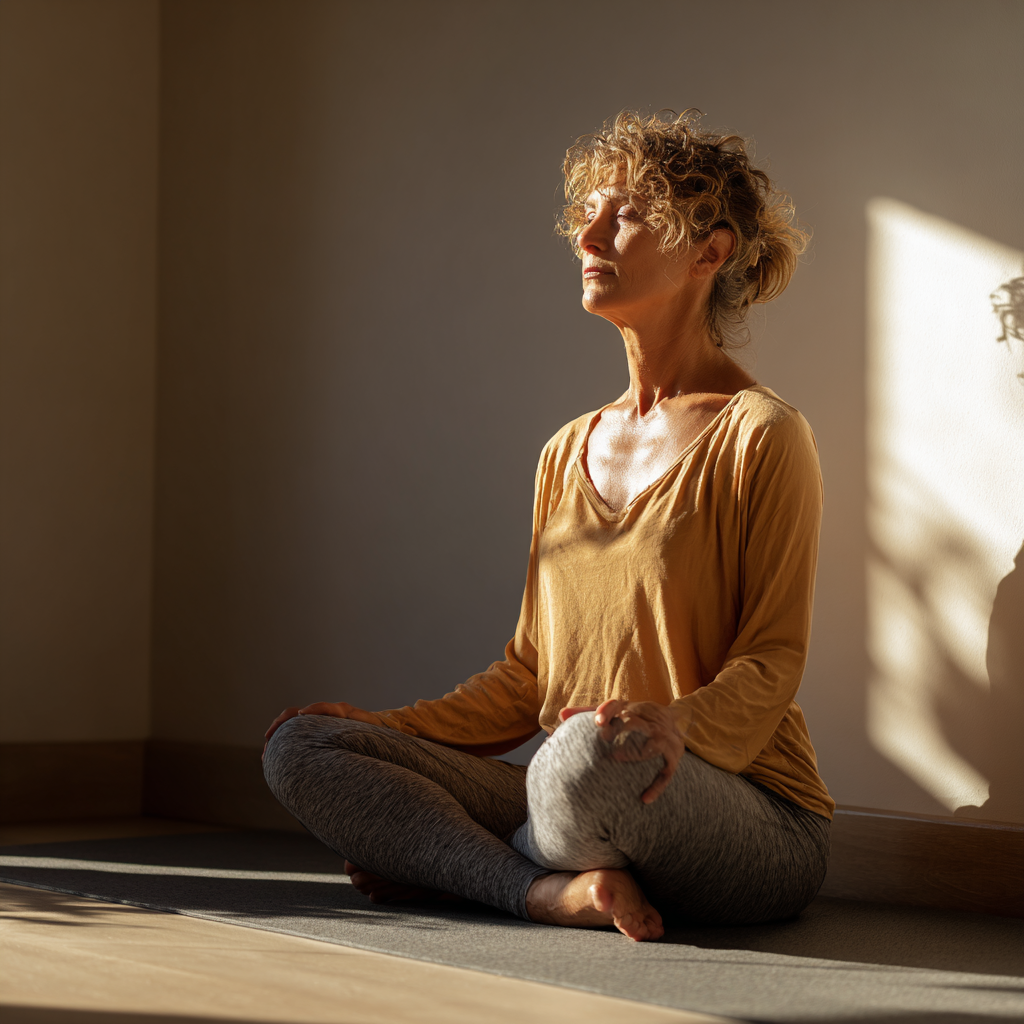 Middle-aged woman practicing gentle yoga stretches on a mat in a calm natural light setting